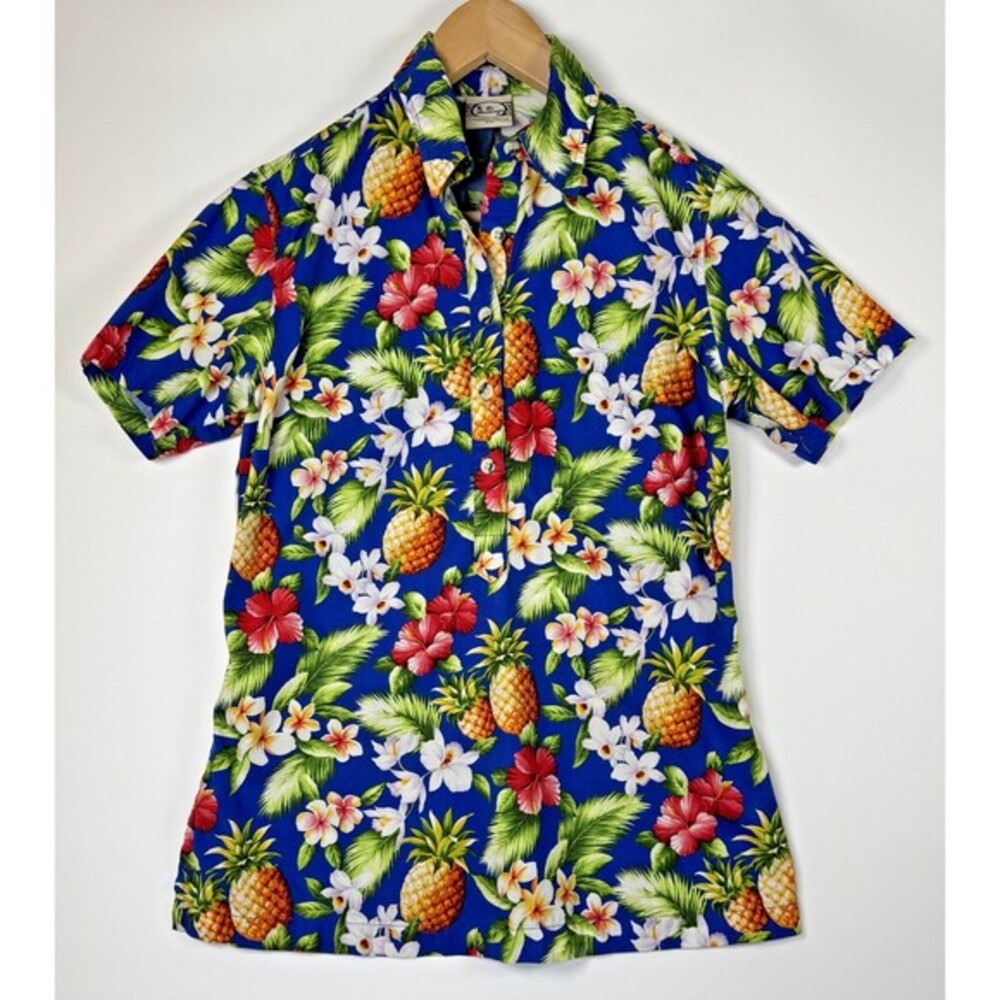Go Barefoot Hawaiian Popover Shirt Womens XS‎ Blue Pineapple Floral Aloha